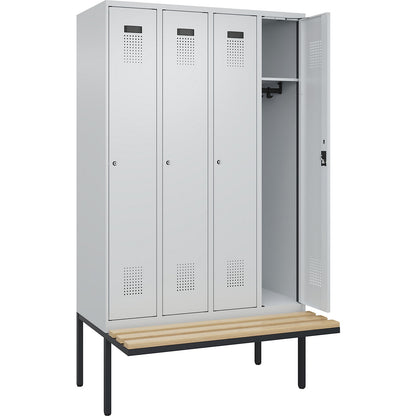 Evolo PLUS bench seat locker, 4 compartments, light grey / light grey, W 1200 mm, cylinder lock, with cantilevered bench seat, beech.