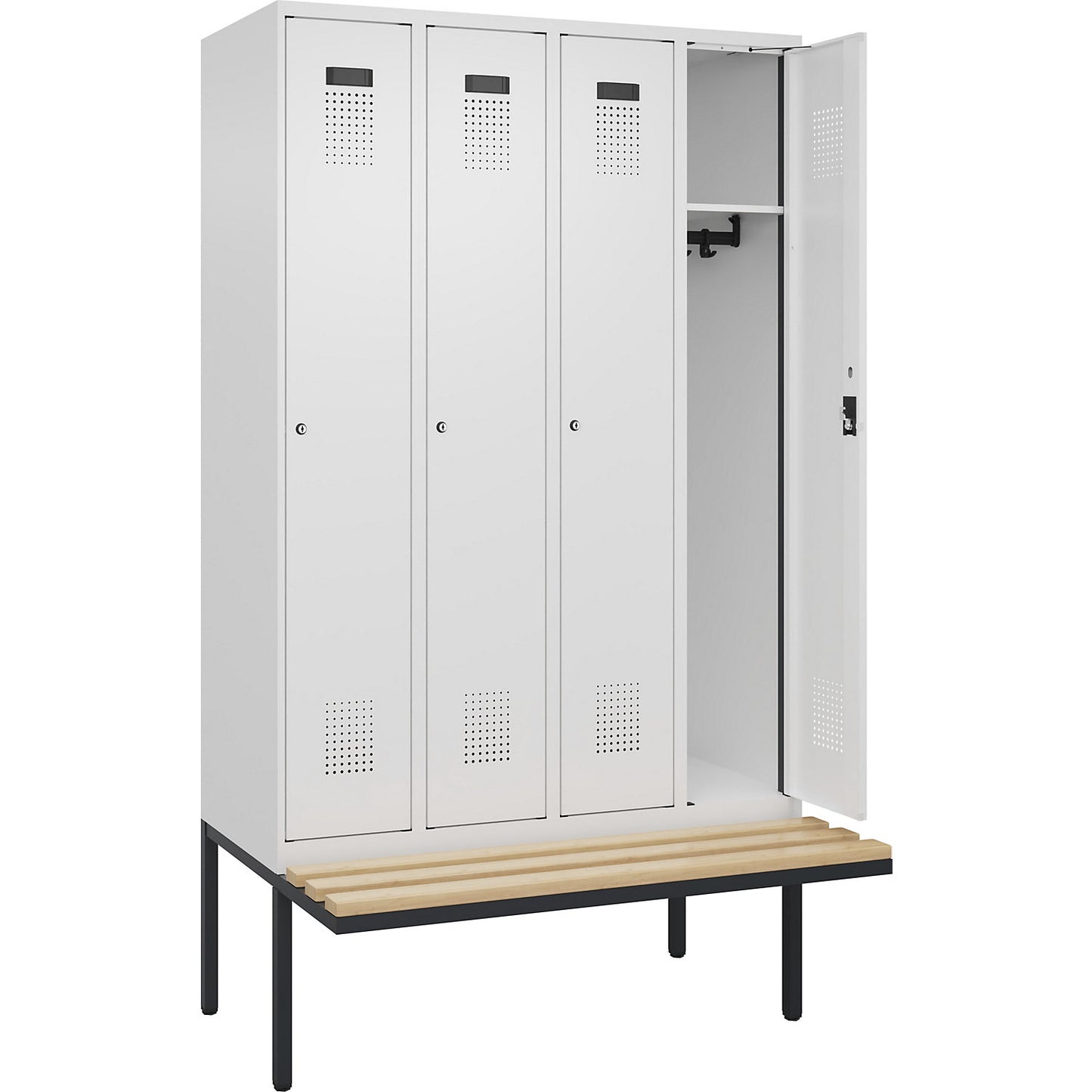 Evolo PLUS bench seat locker, 4 compartments, white, W 1200 mm, cylinder lock, with cantilevered bench seat, beech.