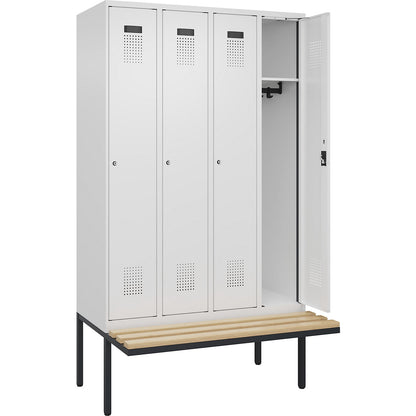 Evolo PLUS bench seat locker, 4 compartments, white, W 1200 mm, cylinder lock, with cantilevered bench seat, beech.