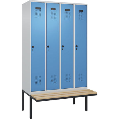 Evolo PLUS clean and dirty bench seat clothes locker, narrow, 4 compartments, shortened centre divider, light grey / light blue, W 1200 mm, security rotary bolt, with cantilevered bench seat, beech.