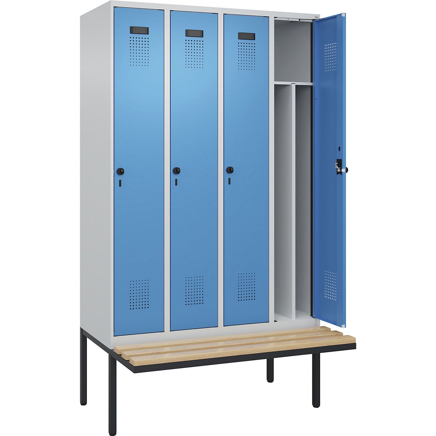 Evolo PLUS clean and dirty bench seat clothes locker, narrow, 4 compartments, shortened centre divider, light grey / light blue, W 1200 mm, security rotary bolt, with cantilevered bench seat, beech.