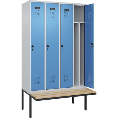 Evolo PLUS clean and dirty bench seat clothes locker, narrow, 4 compartments, shortened centre divider, light grey / light blue, W 1200 mm, security rotary bolt, with cantilevered bench seat, beech.