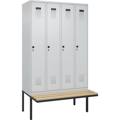 Evolo PLUS clean and dirty bench seat clothes locker, narrow, 4 compartments, shortened centre divider, light grey / light grey, W 1200 mm, security rotary bolt, with cantilevered bench seat, beech.