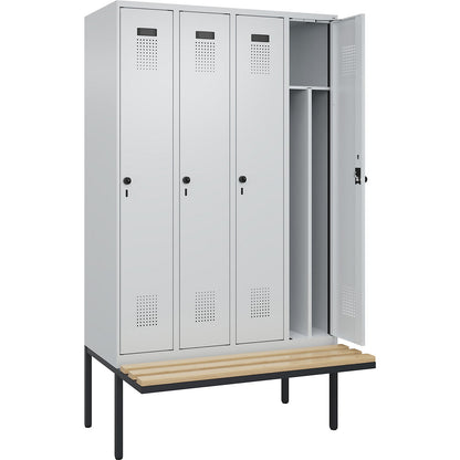 Evolo PLUS clean and dirty bench seat clothes locker, narrow, 4 compartments, shortened centre divider, light grey / light grey, W 1200 mm, security rotary bolt, with cantilevered bench seat, beech.