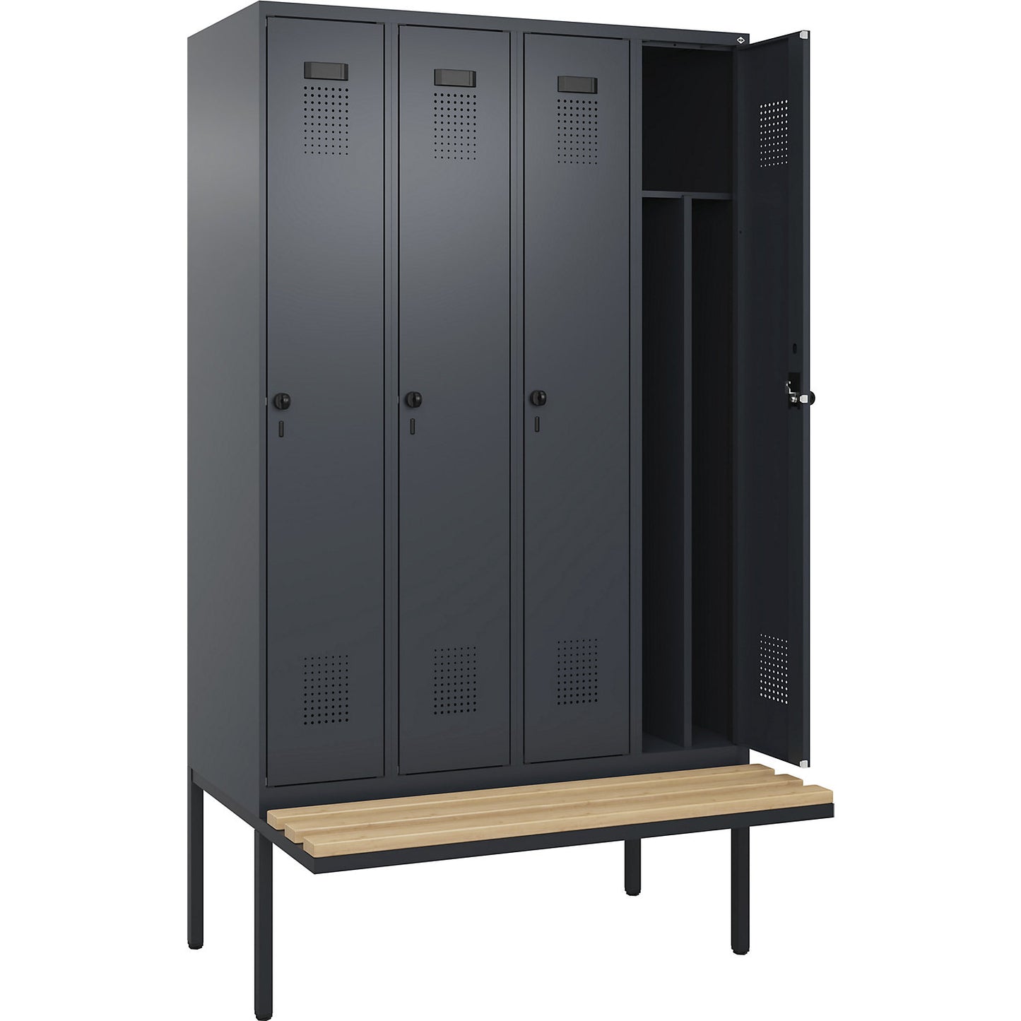 Evolo PLUS clean and dirty bench seat clothes locker, narrow, 4 compartments, shortened centre divider, grey, W 1200 mm, security rotary bolt, with cantilevered bench seat, beech.