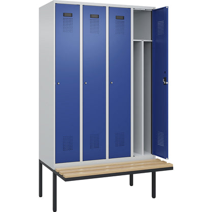 Evolo PLUS clean and dirty bench seat clothes locker, narrow, 4 compartments, shortened centre divider, light grey / gentian blue, W 1200 mm, cylinder lock, with cantilevered bench seat, beech.