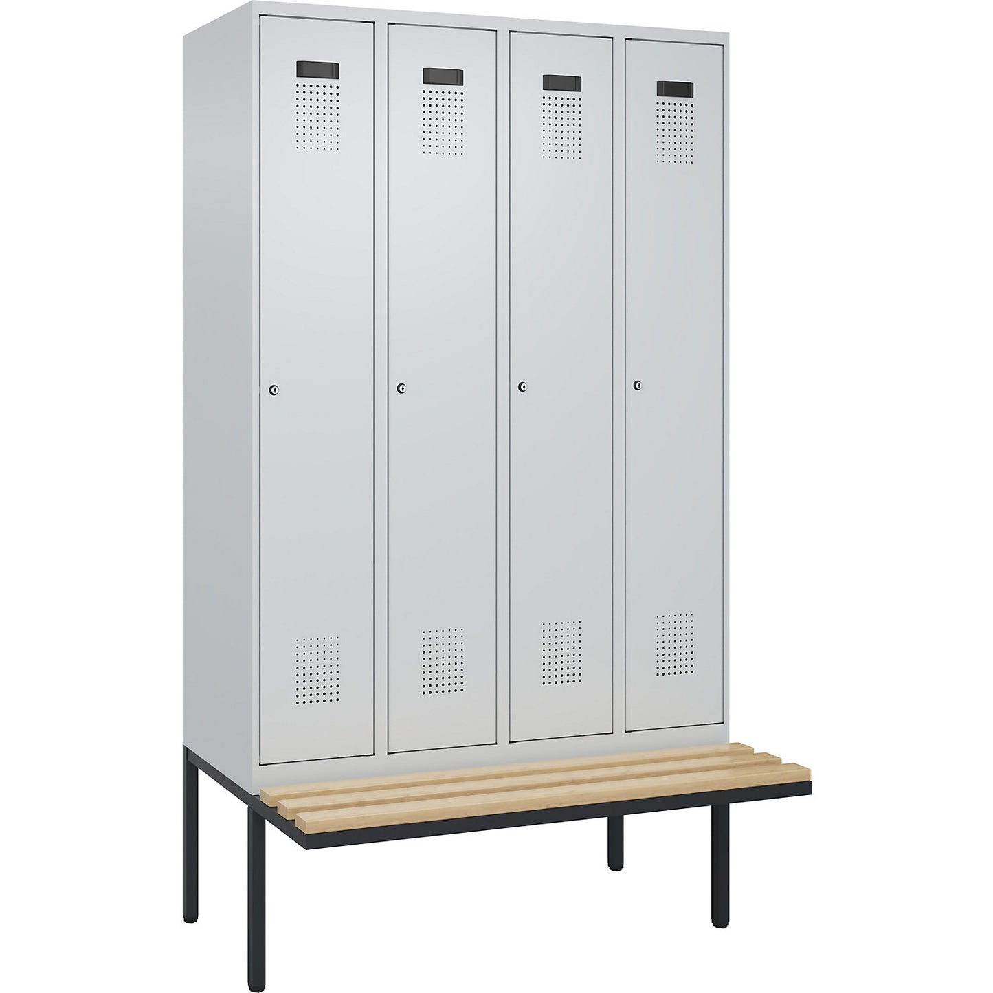 Evolo PLUS clean and dirty bench seat clothes locker, narrow, 4 compartments, shortened centre divider, light grey / light grey, W 1200 mm, cylinder lock, with cantilevered bench seat, beech.