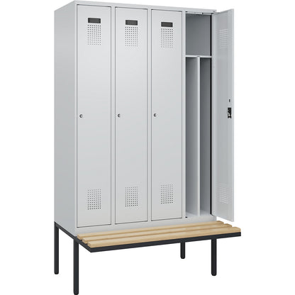 Evolo PLUS clean and dirty bench seat clothes locker, narrow, 4 compartments, shortened centre divider, light grey / light grey, W 1200 mm, cylinder lock, with cantilevered bench seat, beech.