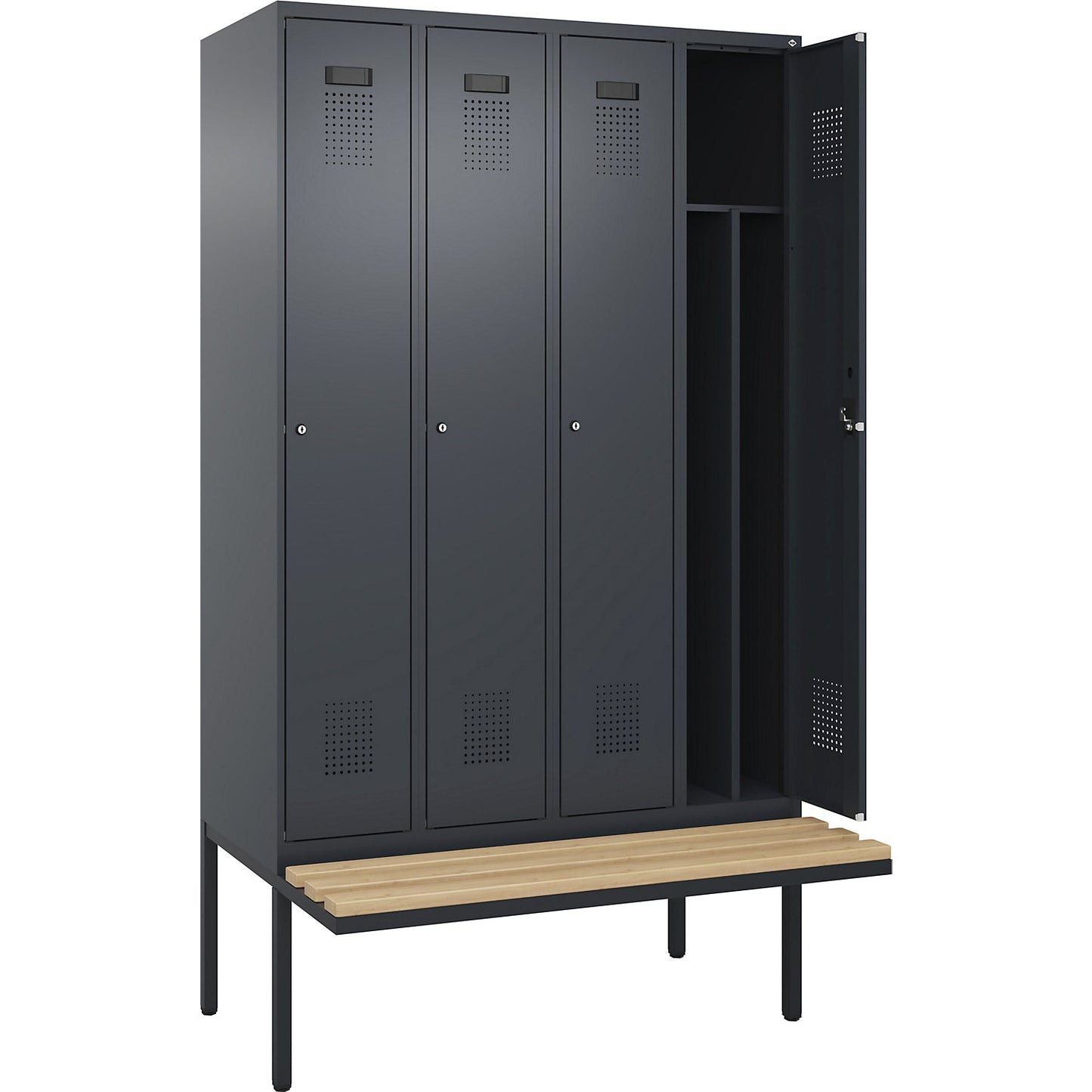 Evolo PLUS clean and dirty bench seat clothes locker, narrow, 4 compartments, shortened centre divider, grey, W 1200 mm, cylinder lock, with cantilevered bench seat, beech.