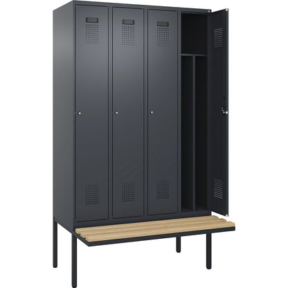 Evolo PLUS clean and dirty bench seat clothes locker, narrow, 4 compartments, shortened centre divider, grey, W 1200 mm, cylinder lock, with cantilevered bench seat, beech.