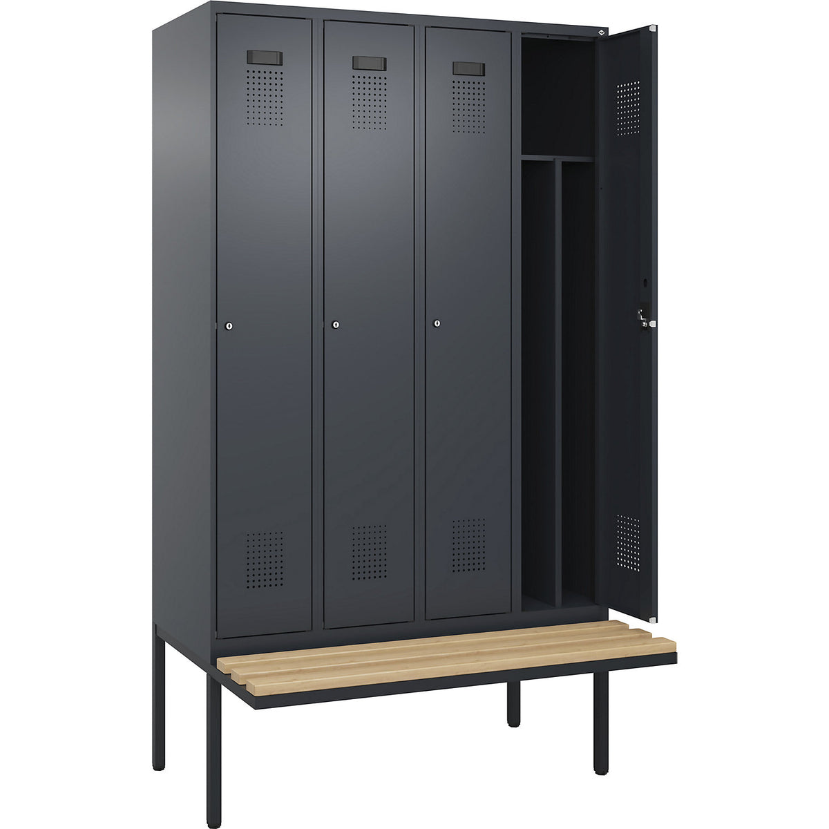 Evolo PLUS clean and dirty bench seat clothes locker, narrow, 4 compartments, shortened centre divider, grey, W 1200 mm, cylinder lock, with cantilevered bench seat, beech.