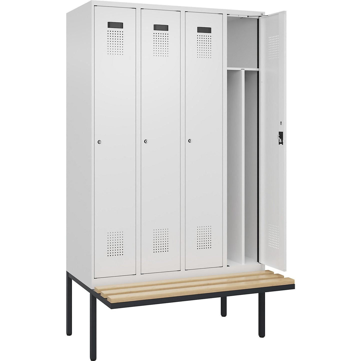 Evolo PLUS clean and dirty bench seat clothes locker, narrow, 4 compartments, shortened centre divider, white, W 1200 mm, cylinder lock, with cantilevered bench seat, beech.