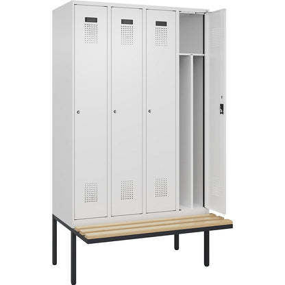 Evolo PLUS clean and dirty bench seat clothes locker, narrow, 4 compartments, shortened centre divider, white, W 1200 mm, cylinder lock, with cantilevered bench seat, beech.