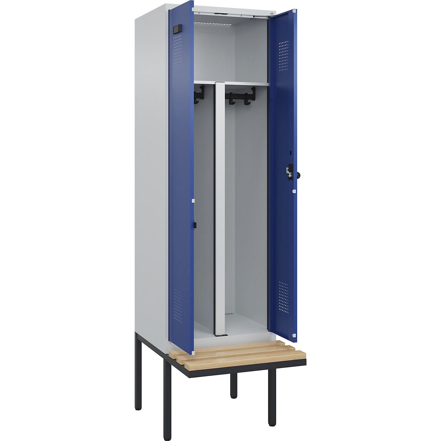 Evolo PLUS clean and dirty bench seat clothes locker, 2 compartments, shortened centre divider, light grey / gentian blue, W 600 mm, security rotary bolt, with cantilevered bench seat, beech.