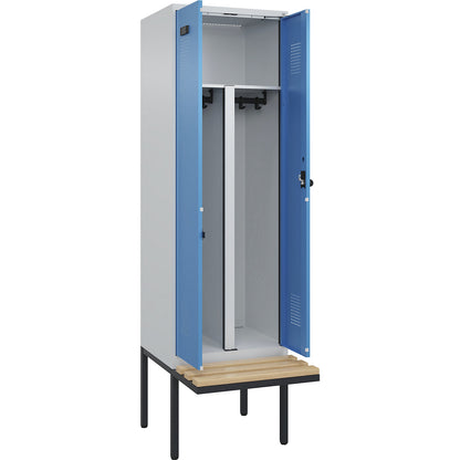 Evolo PLUS clean and dirty bench seat clothes locker, 2 compartments, shortened centre divider, light grey / light blue, W 600 mm, security rotary bolt, with cantilevered bench seat, beech.