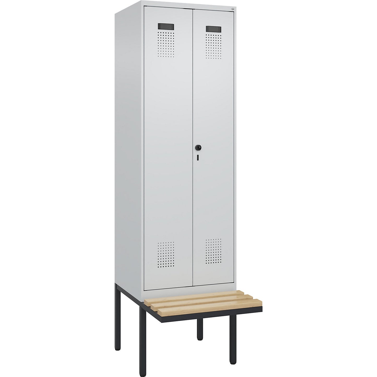 Evolo PLUS clean and dirty bench seat clothes locker, 2 compartments, shortened centre divider, light grey / light grey, W 600 mm, security rotary bolt, with cantilevered bench seat, beech.