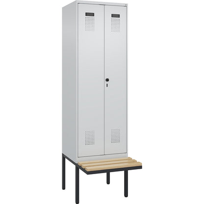 Evolo PLUS clean and dirty bench seat clothes locker, 2 compartments, shortened centre divider, light grey / light grey, W 600 mm, security rotary bolt, with cantilevered bench seat, beech.