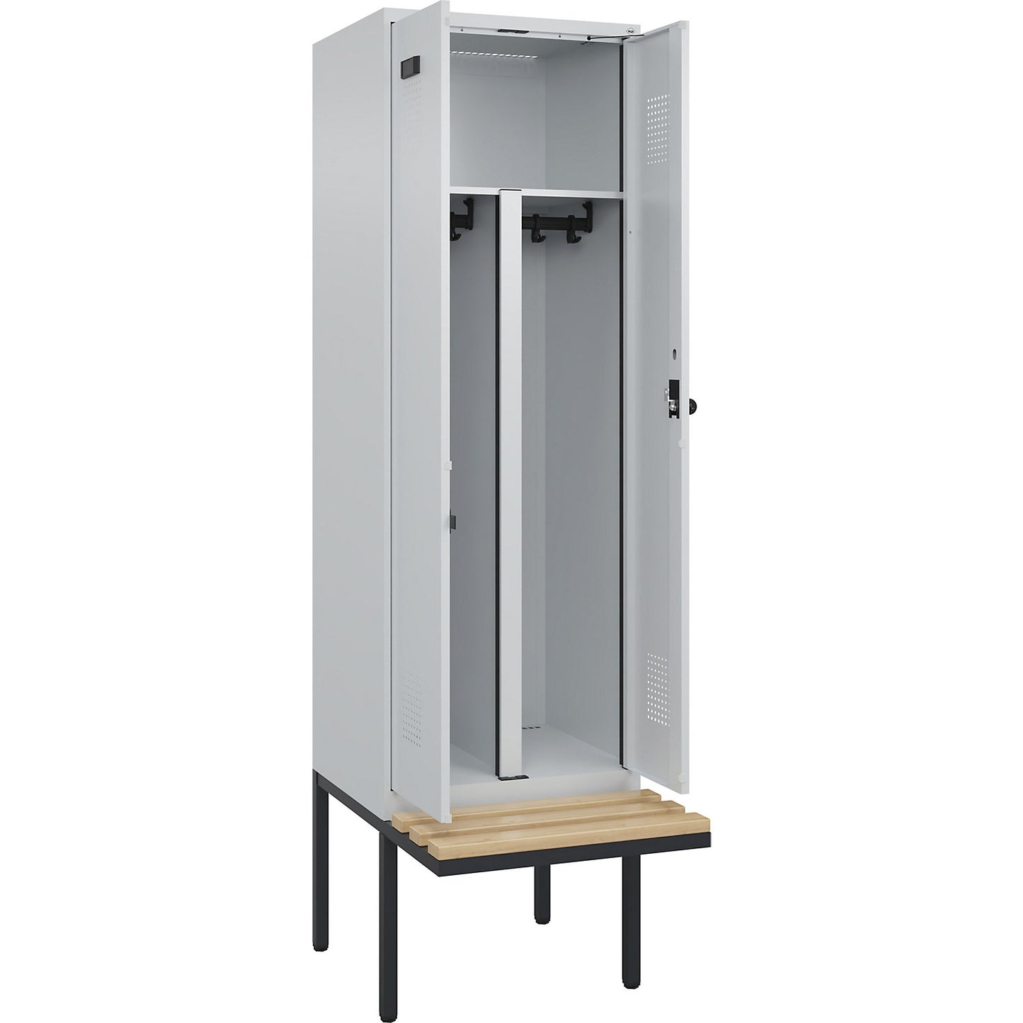 Evolo PLUS clean and dirty bench seat clothes locker, 2 compartments, shortened centre divider, light grey / light grey, W 600 mm, security rotary bolt, with cantilevered bench seat, beech.