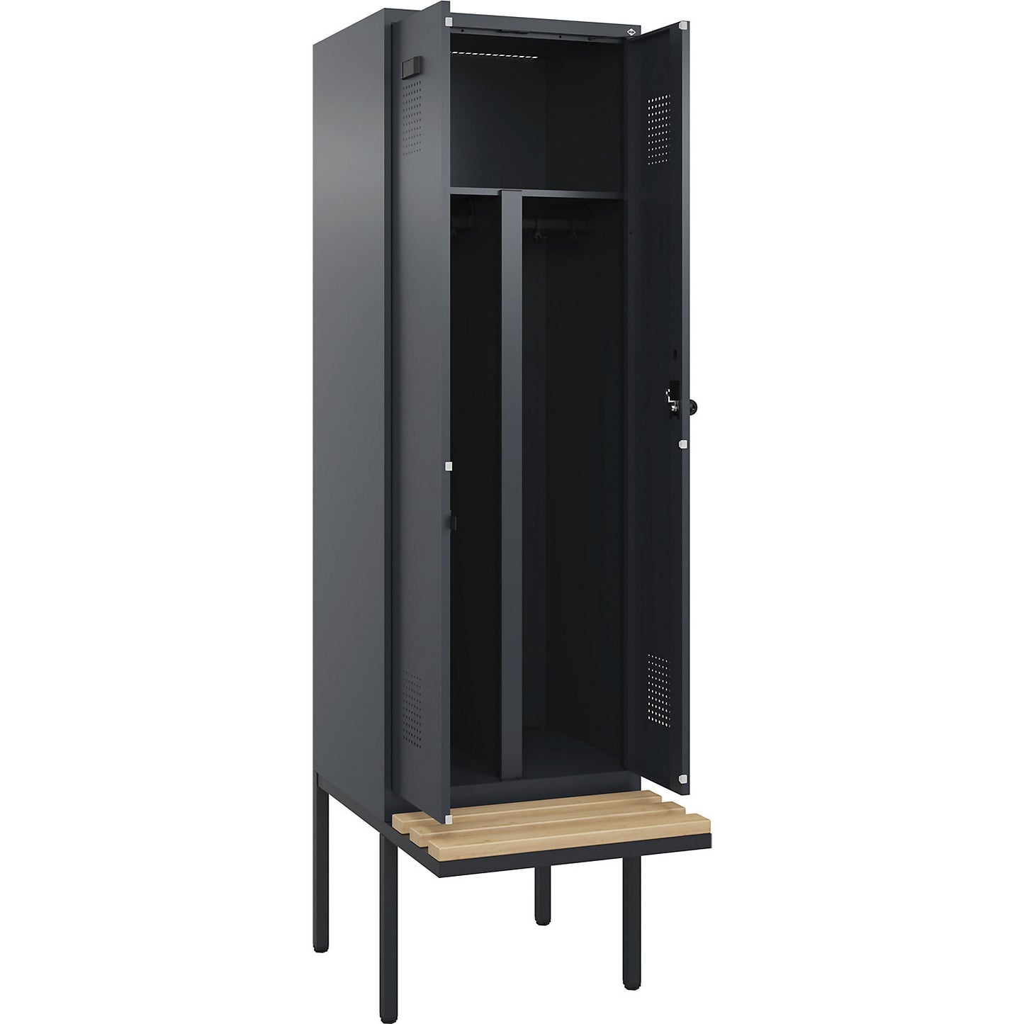 Evolo PLUS clean and dirty bench seat clothes locker, 2 compartments, shortened centre divider, grey, W 600 mm, security rotary bolt, with cantilevered bench seat, beech.