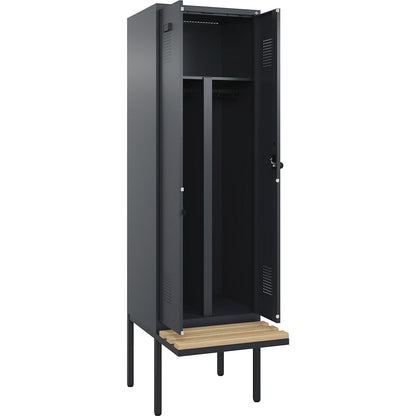 Evolo PLUS clean and dirty bench seat clothes locker, 2 compartments, shortened centre divider, grey, W 600 mm, security rotary bolt, with cantilevered bench seat, beech.