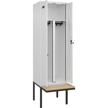 Evolo PLUS clean and dirty bench seat clothes locker, 2 compartments, shortened centre divider, white, W 600 mm, security rotary bolt, with cantilevered bench seat, beech.