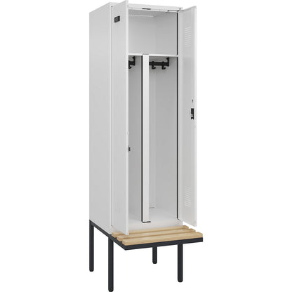 Evolo PLUS clean and dirty bench seat clothes locker, 2 compartments, shortened centre divider, white, W 600 mm, cylinder lock, with cantilevered bench seat, beech.