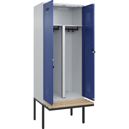 Evolo PLUS clean and dirty bench seat clothes locker, 2 compartments, shortened centre divider, light grey / gentian blue, W 800 mm, security rotary bolt, with cantilevered bench seat, beech.