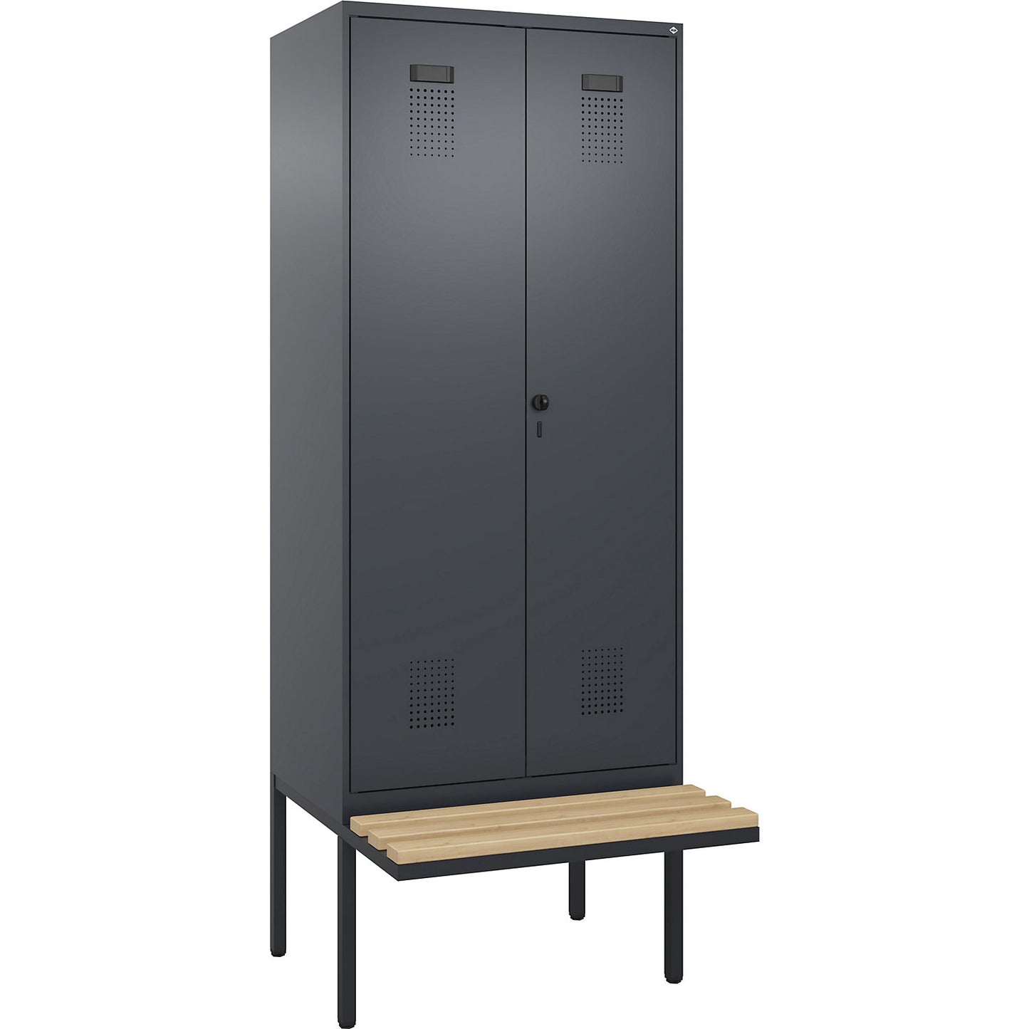 Evolo PLUS clean and dirty bench seat clothes locker, 2 compartments, shortened centre divider, grey, W 800 mm, security rotary bolt, with cantilevered bench seat, beech.