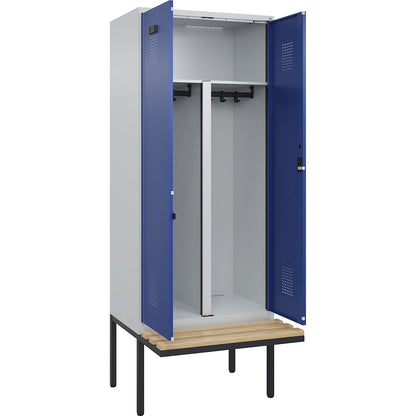 Evolo PLUS clean and dirty bench seat clothes locker, 2 compartments, shortened centre divider, light grey / gentian blue, W 800 mm, cylinder lock, with cantilevered bench seat, beech.