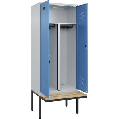 Evolo PLUS clean and dirty bench seat clothes locker, 2 compartments, shortened centre divider, light grey / light blue, W 800 mm, cylinder lock, with cantilevered bench seat, beech.