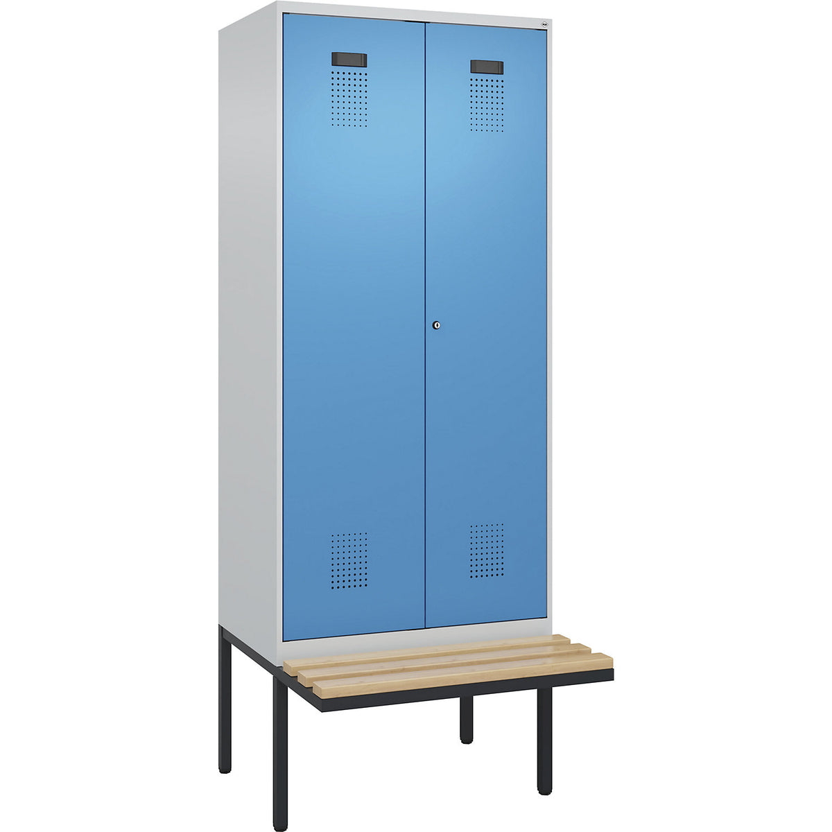 Evolo PLUS clean and dirty bench seat clothes locker, 2 compartments, shortened centre divider, light grey / light blue, W 800 mm, cylinder lock, with cantilevered bench seat, beech.
