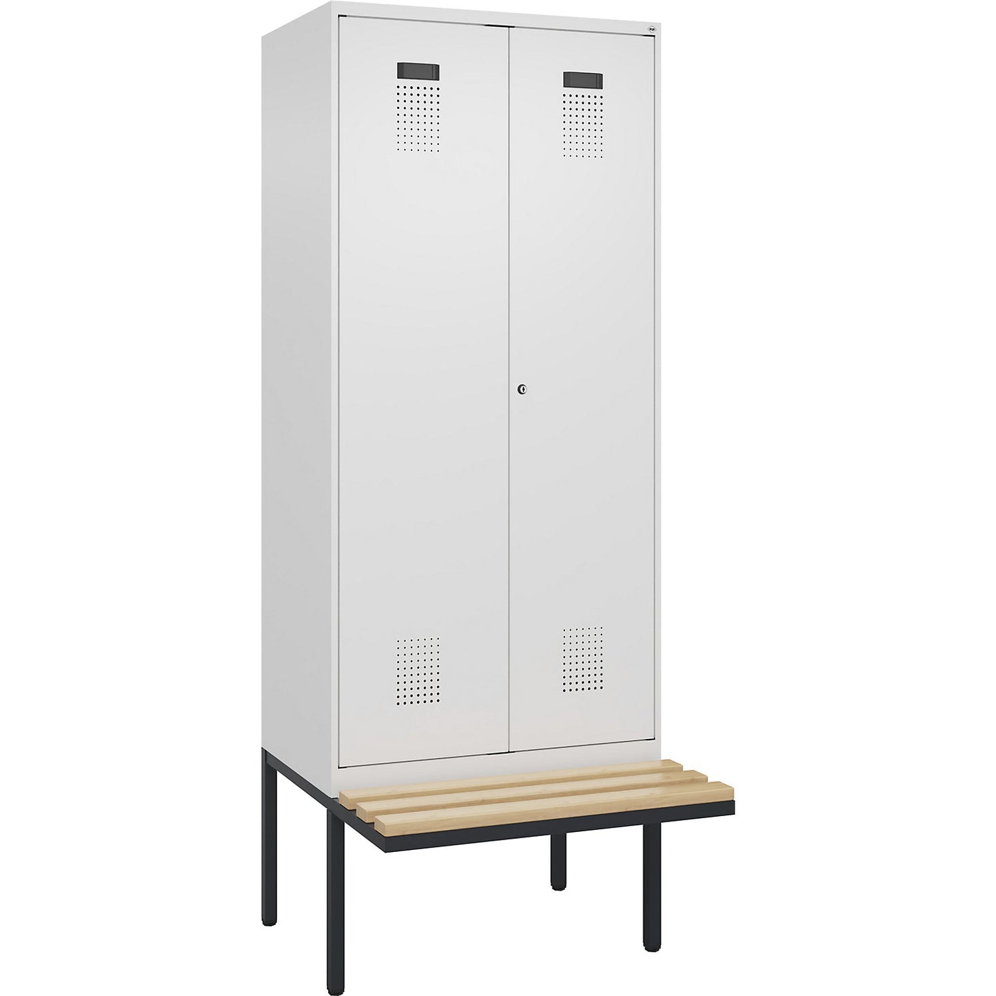Evolo PLUS clean and dirty bench seat clothes locker, 2 compartments, shortened centre divider, white, W 800 mm, cylinder lock, with cantilevered bench seat, beech.