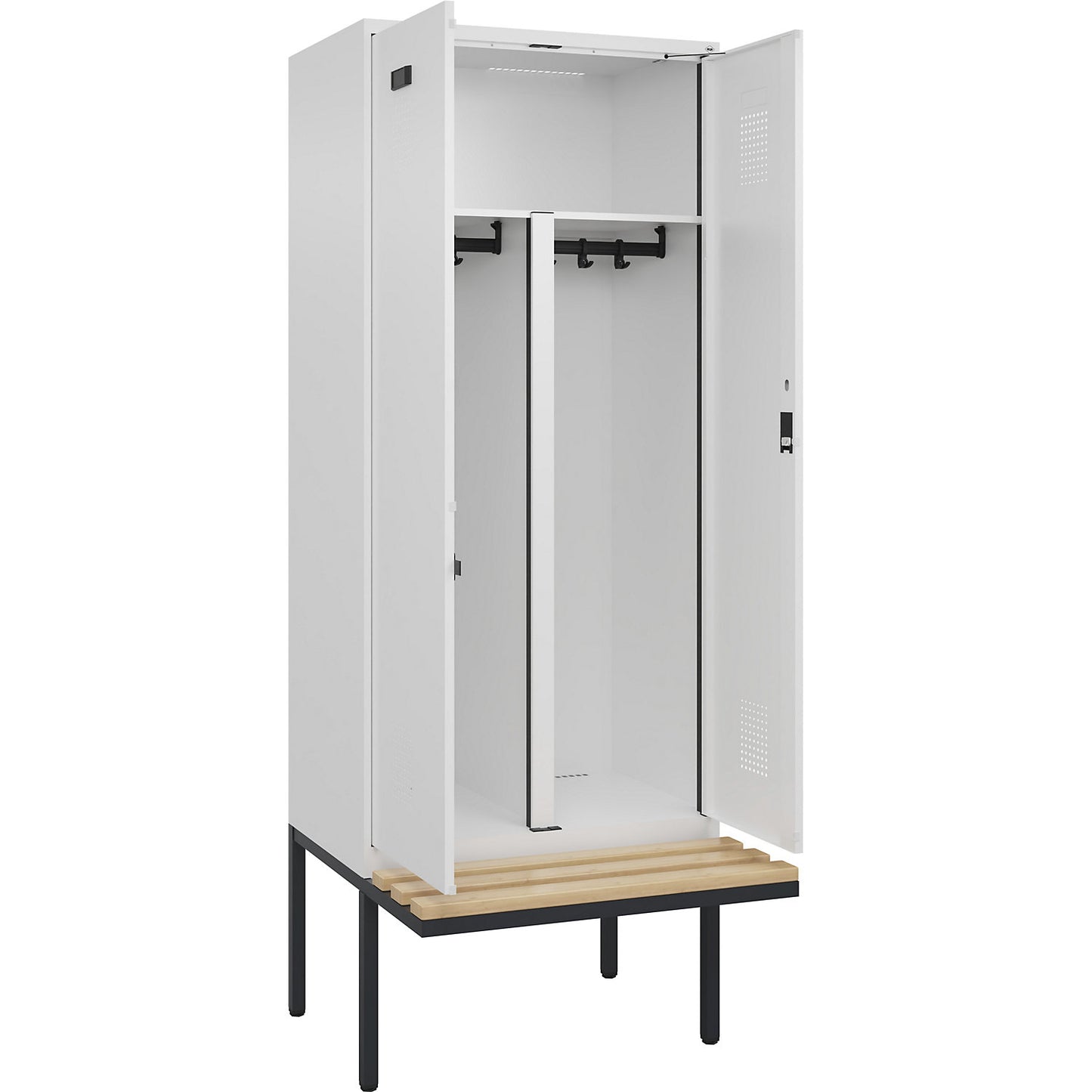 Evolo PLUS clean and dirty bench seat clothes locker, 2 compartments, shortened centre divider, white, W 800 mm, cylinder lock, with cantilevered bench seat, beech.