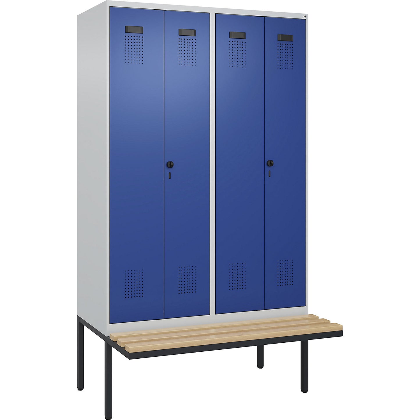 Evolo PLUS clean and dirty bench seat clothes locker, 4 compartments, shortened centre divider, light grey / gentian blue, W 1200 mm, security rotary bolt, with cantilevered bench seat, beech.