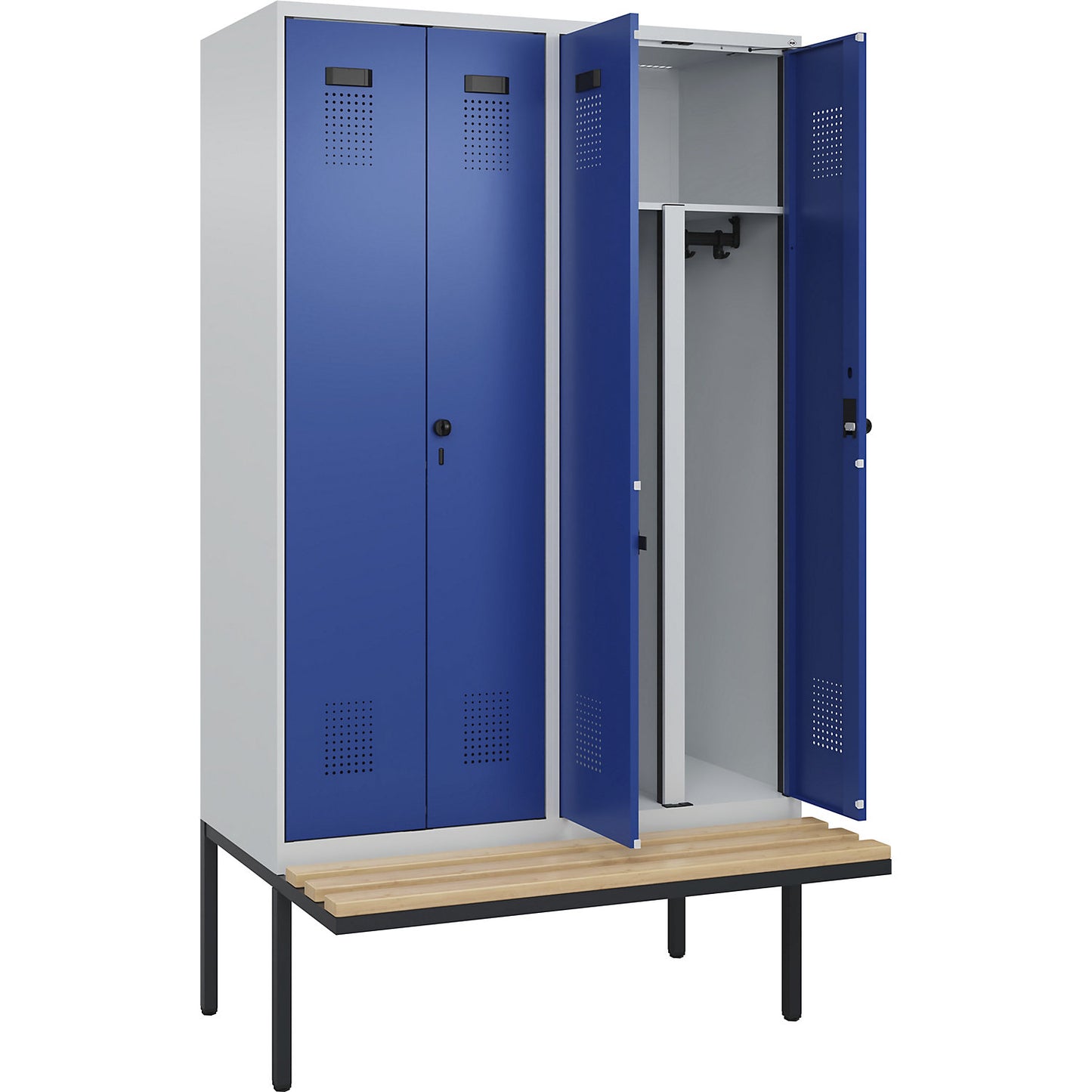 Evolo PLUS clean and dirty bench seat clothes locker, 4 compartments, shortened centre divider, light grey / gentian blue, W 1200 mm, security rotary bolt, with cantilevered bench seat, beech.
