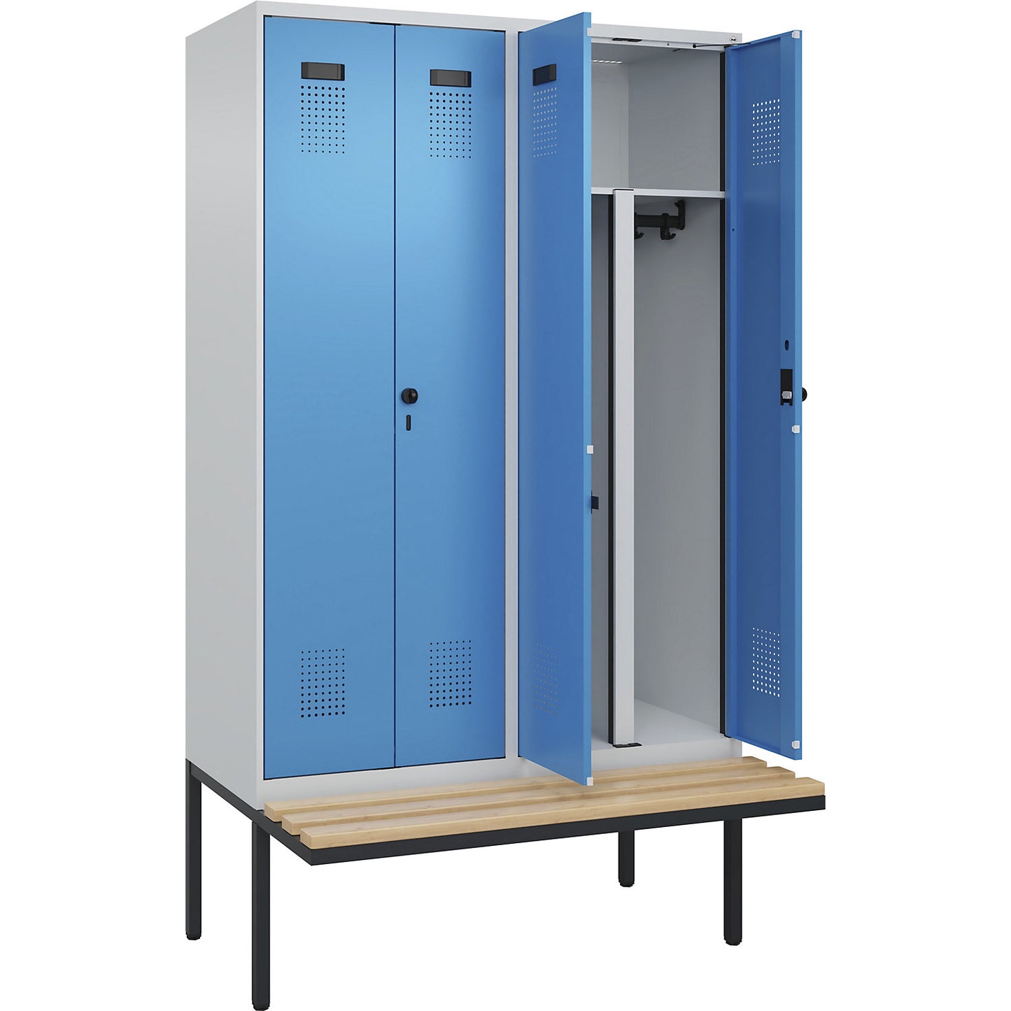 Evolo PLUS clean and dirty bench seat clothes locker, 4 compartments, shortened centre divider, light grey / light blue, W 1200 mm, security rotary bolt, with cantilevered bench seat, beech.