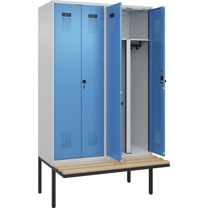 Evolo PLUS clean and dirty bench seat clothes locker, 4 compartments, shortened centre divider, light grey / light blue, W 1200 mm, security rotary bolt, with cantilevered bench seat, beech.