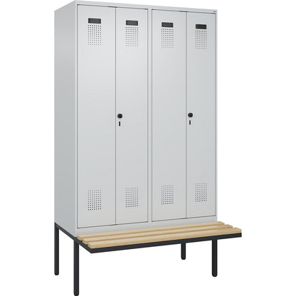 Evolo PLUS clean and dirty bench seat clothes locker, 4 compartments, shortened centre divider, light grey / light grey, W 1200 mm, security rotary bolt, with cantilevered bench seat, beech.
