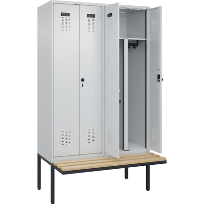 Evolo PLUS clean and dirty bench seat clothes locker, 4 compartments, shortened centre divider, light grey / light grey, W 1200 mm, security rotary bolt, with cantilevered bench seat, beech.