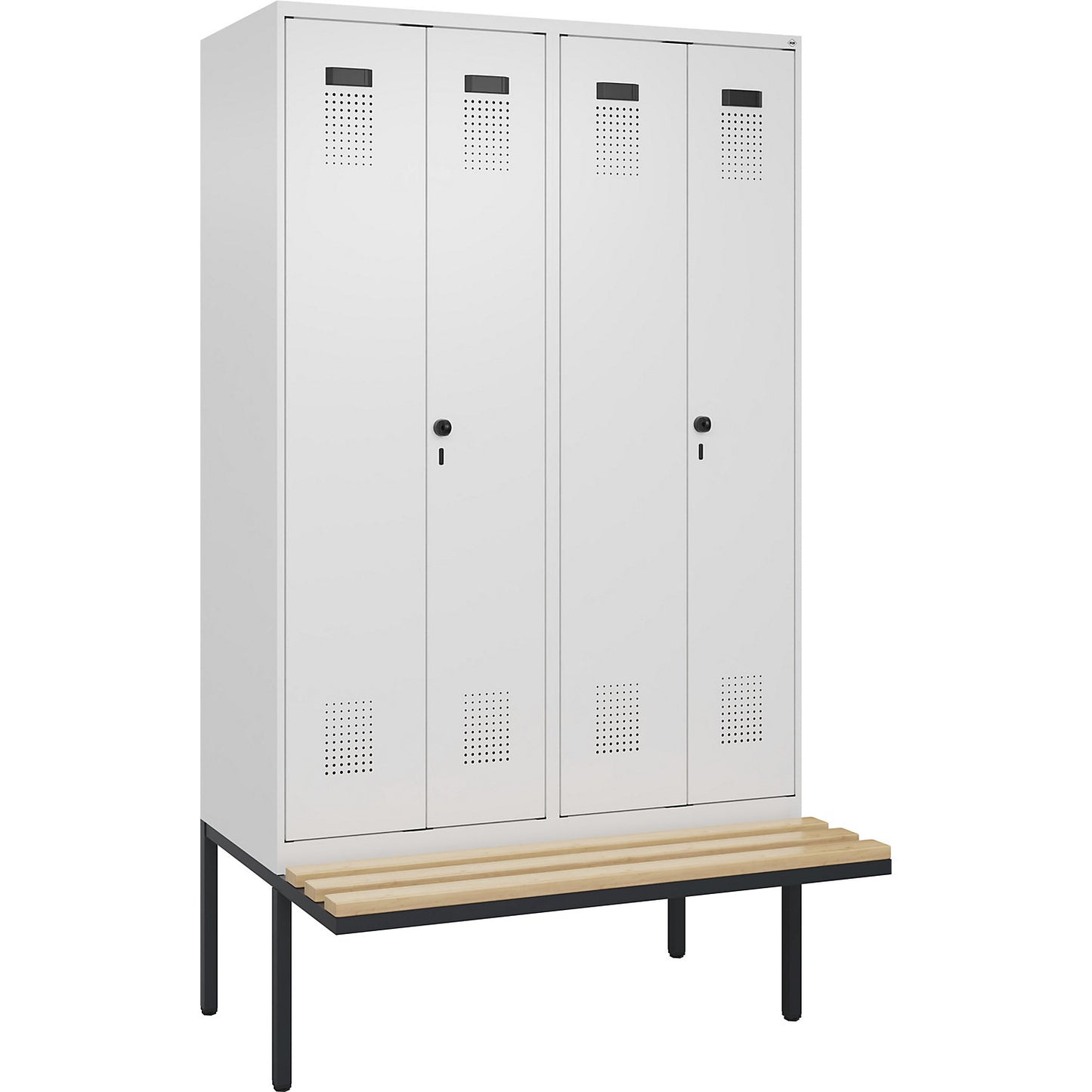 Evolo PLUS clean and dirty bench seat clothes locker, 4 compartments, shortened centre divider, white, W 1200 mm, security rotary bolt, with cantilevered bench seat, beech.