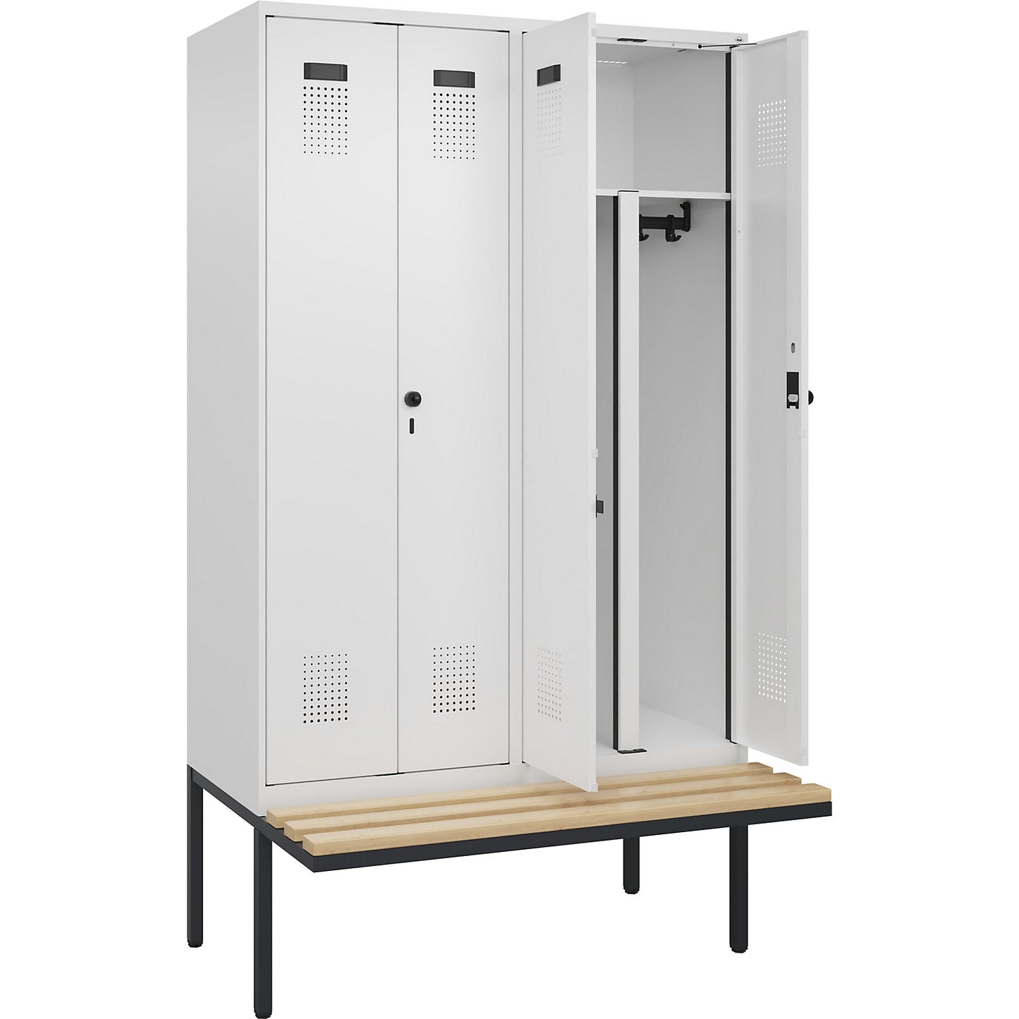 Evolo PLUS clean and dirty bench seat clothes locker, 4 compartments, shortened centre divider, white, W 1200 mm, security rotary bolt, with cantilevered bench seat, beech.