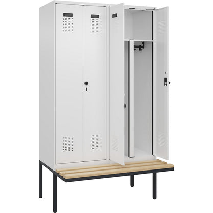 Evolo PLUS clean and dirty bench seat clothes locker, 4 compartments, shortened centre divider, white, W 1200 mm, security rotary bolt, with cantilevered bench seat, beech.