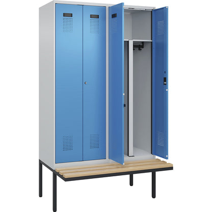 Evolo PLUS clean and dirty bench seat clothes locker, 4 compartments, shortened centre divider, light grey / light blue, W 1200 mm, cylinder lock, with cantilevered bench seat, beech.