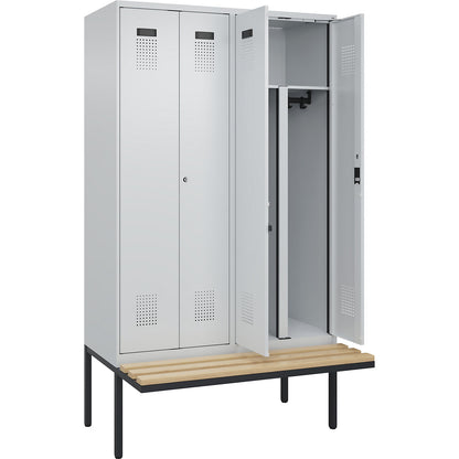 Evolo PLUS clean and dirty bench seat clothes locker, 4 compartments, shortened centre divider, light grey / light grey, W 1200 mm, cylinder lock, with cantilevered bench seat, beech.
