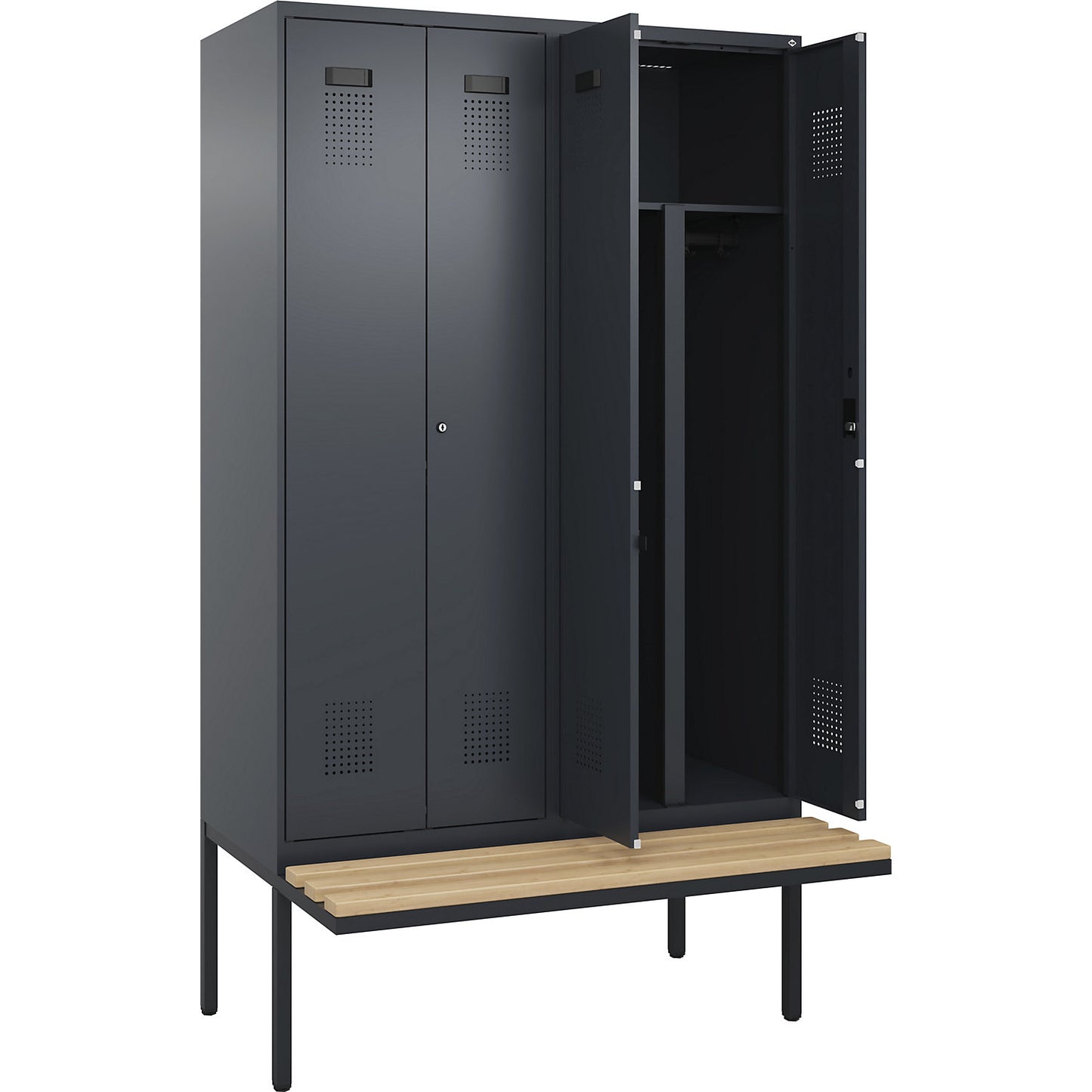 Evolo PLUS clean and dirty bench seat clothes locker, 4 compartments, shortened centre divider, grey, W 1200 mm, cylinder lock, with cantilevered bench seat, beech.