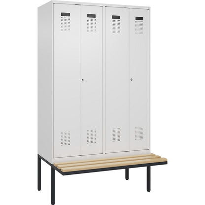 Evolo PLUS clean and dirty bench seat clothes locker, 4 compartments, shortened centre divider, white, W 1200 mm, cylinder lock, with cantilevered bench seat, beech.
