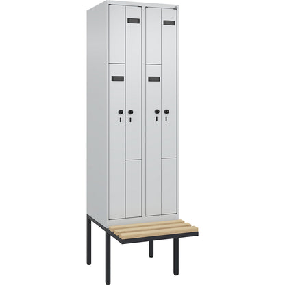 Evolo PLUS bench seat Z locker, 2 compartments, light grey / light grey, W 600 mm, security rotary bolt, with cantilevered bench seat, beech.