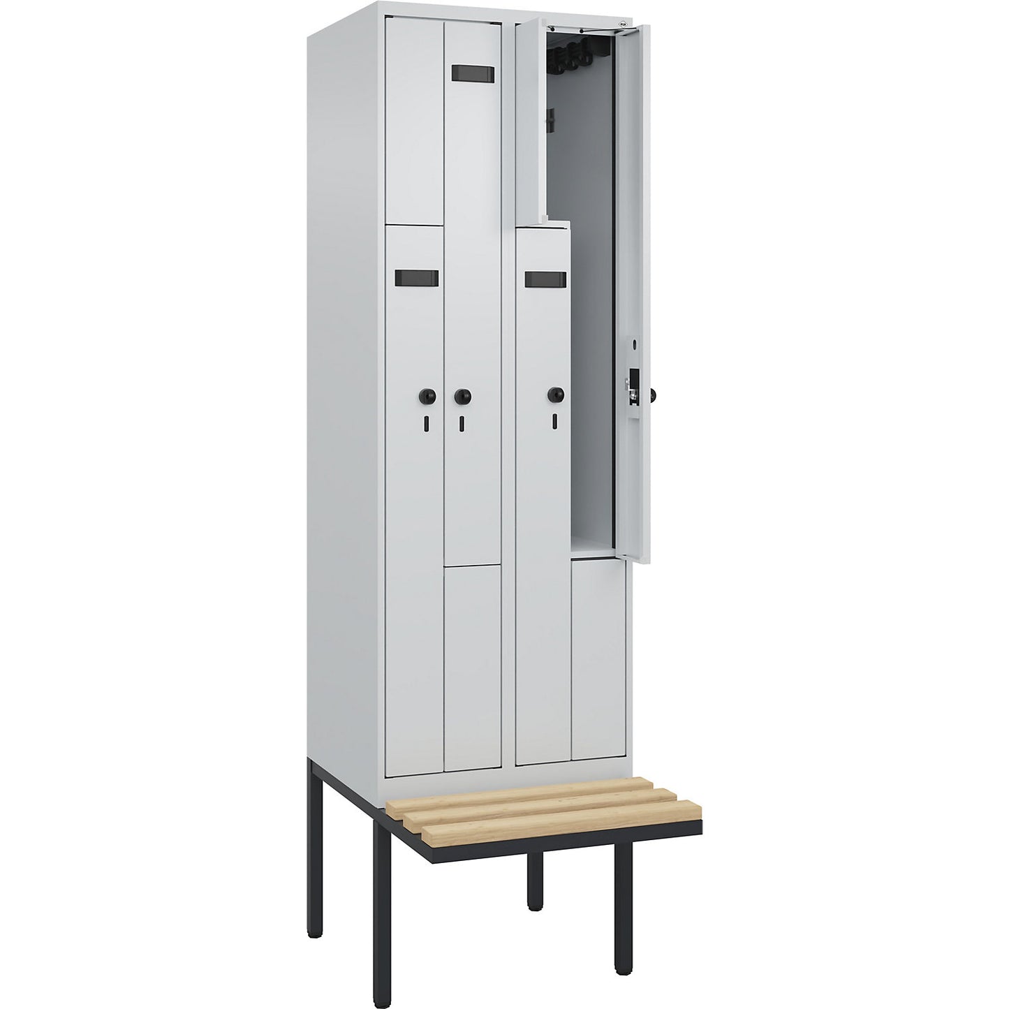 Evolo PLUS bench seat Z locker, 2 compartments, light grey / light grey, W 600 mm, security rotary bolt, with cantilevered bench seat, beech.