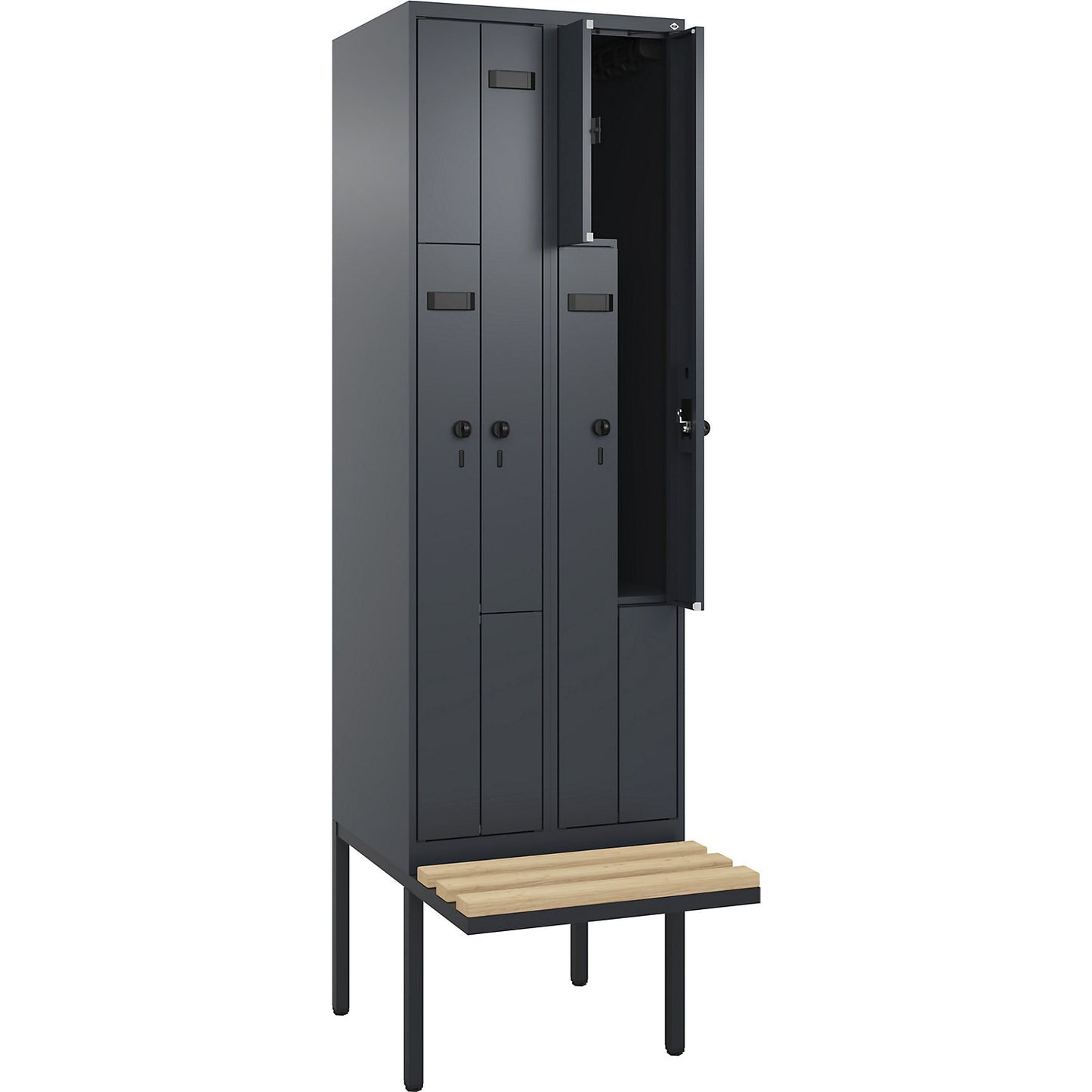 Evolo PLUS bench seat Z locker, 2 compartments, grey, W 600 mm, security rotary bolt, with cantilevered bench seat, beech.