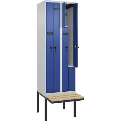 Evolo PLUS bench seat Z locker, 2 compartments, light grey / gentian blue, W 600 mm, security rotary bolt, with cantilevered bench seat, beech.